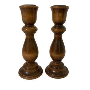 Vintage Set of Two Turned Wood Candlestick Holders